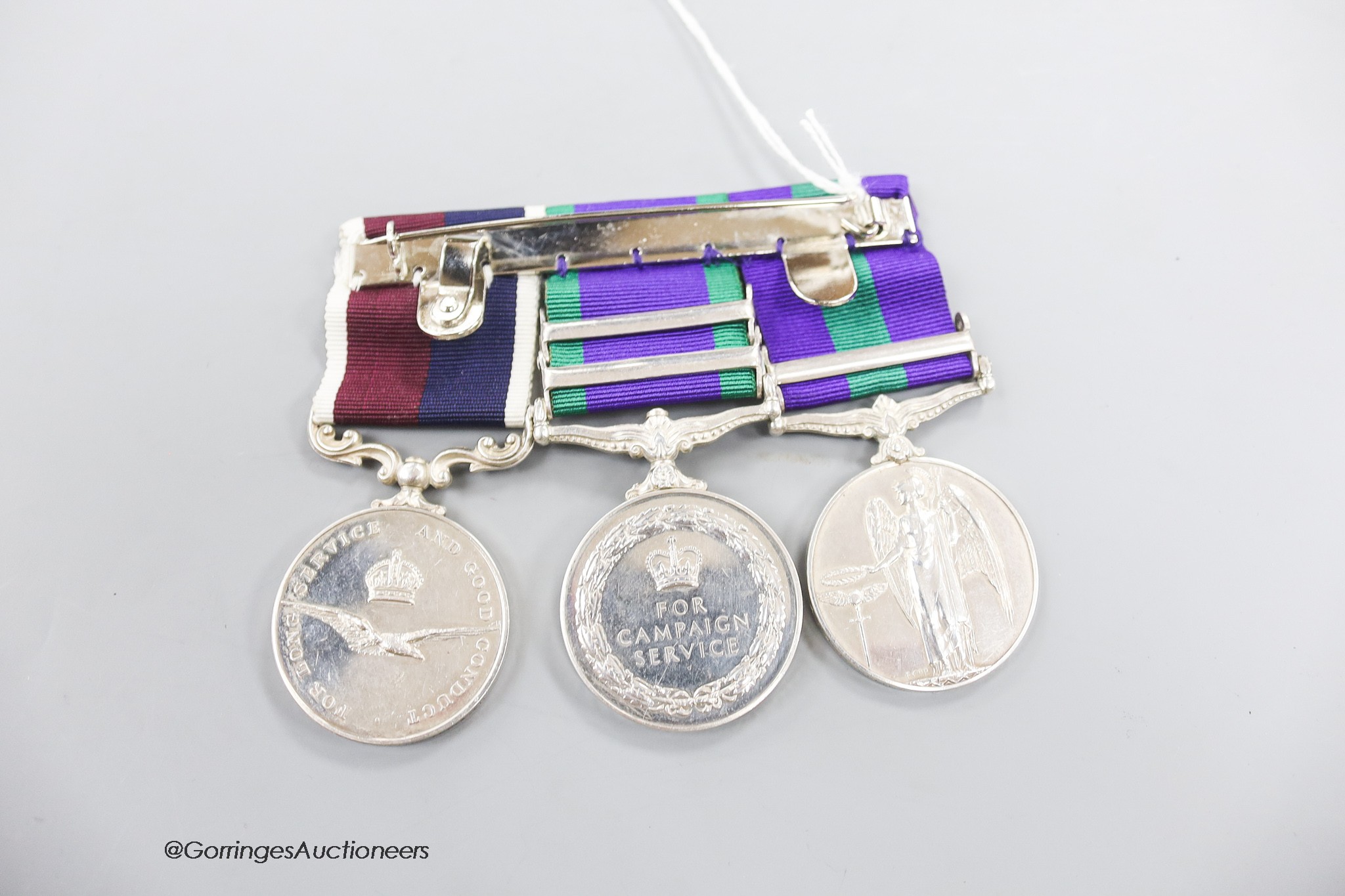 Trio of medals to N4021907, Corporal R J Galloway, RAF comprising GVI GSM with Malaya clasp, QEII GSM with South Arabia and Radfan clasps and a QEII for long service and good conduct medal